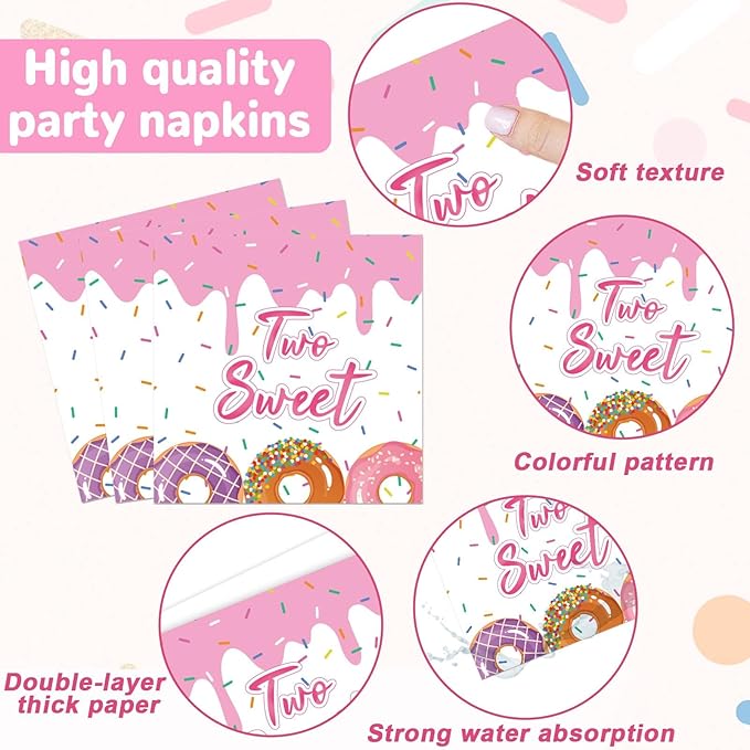 ZOIIWA 98 Pieces Two Sweet Donut Birthday Party Supplies for 24 Guests Girls Donut Tableware Set Baby Girl 2nd Birthday Paper Plates Napkins Tablecloth Decorations Table Cover Dinnerware Party Favors