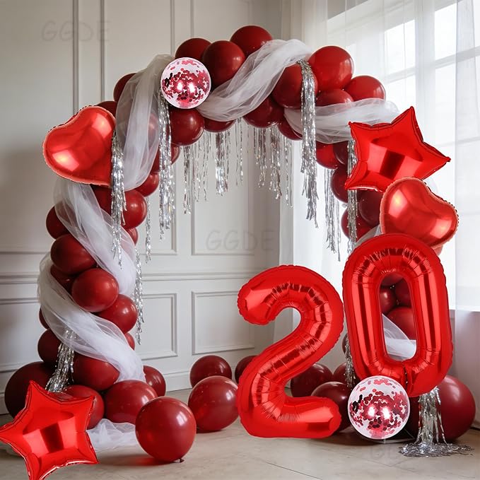 40 Inch Red Number Balloons 20 Mylar Foil Helium Digital Balloon 20th Anniversary Event Celebration 20th Birthday Party Decor Supplies 10 Pcs