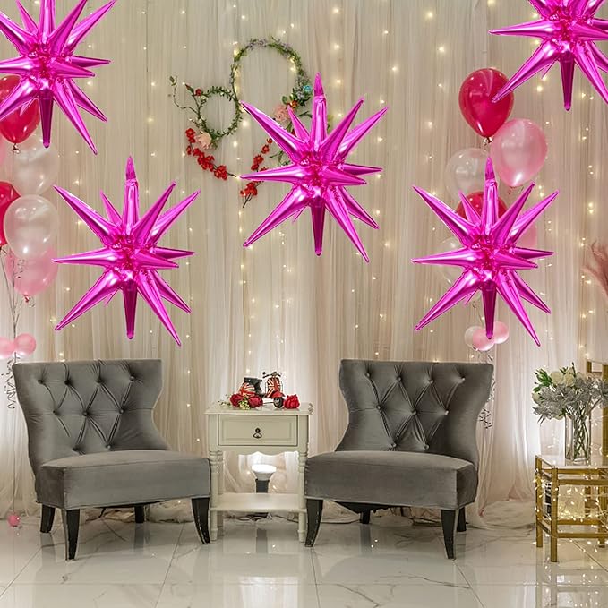 6 Pcs Rose Red Star Foil Balloons One-Piece 14-Pointed Star Balloon 4D Starburst Cone Mylar Balloon 22inch Christmas Birthday Wedding Wedding Anniversary Party Supplies(Rose Red)