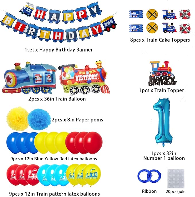 Train 1st Birthday Decorations Boys Train, 1 Years Old Birthday Party Supplies With Number 1 Foil Balloons Train Birthday Banner,Latex Balloons, Cake Topper, For Kids Train Birthday Party Decoration