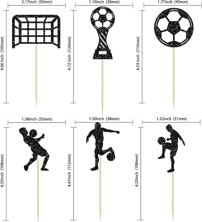 24Pcs Soccer Cupcake Toppers Glitter Soccer Ball Cupcake Picks Sport Cake Decorations Football Theme Birthday Party Baby Shower Kids Boys Men Birthday Party Favors Supplies Black