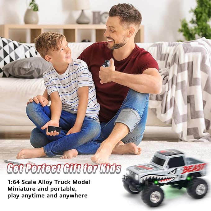 1:64 Grey RC Cars for Kids Toys, 2.4Ghz Remote and APP Control, Mini Alloy Truck Car with Cool Light and USB-C Recharging, Speed Adjustable Steering Easy to Operate, Gift for Children, Boys, Girls