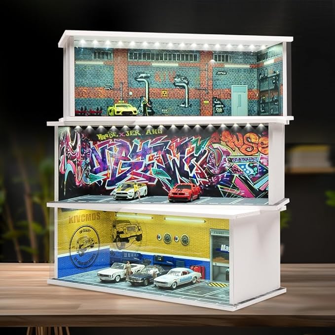1/64 Model Car Display Case Diecast Diorama Garage，Simulated Parking Lot Model Miniature Scene Parking Lot PVC Assembly with Light Parking Space Model Display Frame Toy Display Box (Red)