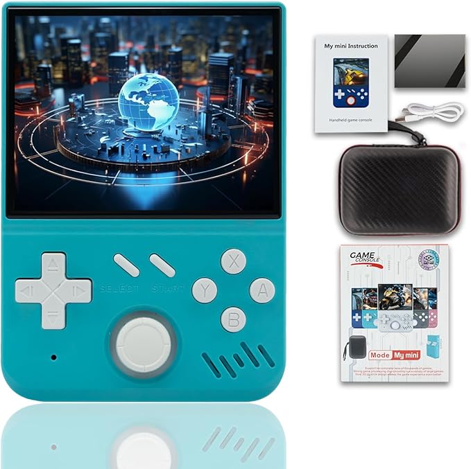 My Mini Handheld Game Console 3.5-in 640*480 IPS OCA Screen RK3326 4000mAh mymini with Portable Case Turquoise Green-64GBVer.