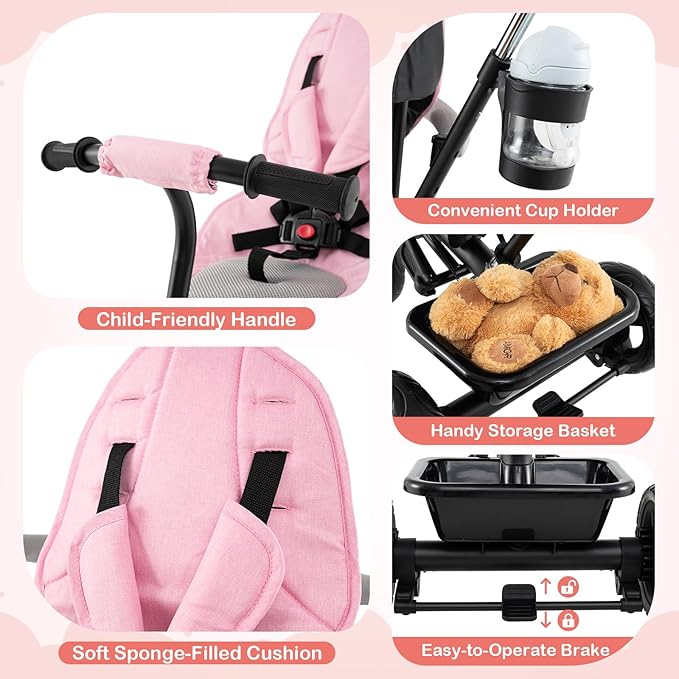 BABY JOY Toddler Tricycle, 7 in 1 Push Trike w/Adjustable Canopy, Parent Push Handle, Seat & Footrests, 5-Point Safety Harness and All-Terrain EVA Wheels, Kids Stroller Bike for 9-60 Months (Pink)