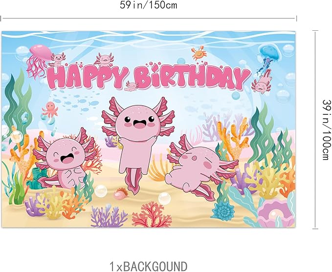 44Pcs Axolotl Birthday Party Supplies Include Happy Birthday Banner-Backdrop-Tablecloth-Balloons-Cake Topper-Cupcake Toppers for Axolotl Party Decorations
