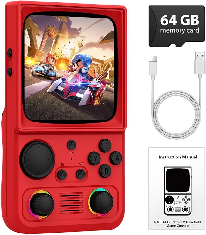 R36TMAX Handheld Game Console, Retro Gaming Console with 18,000+ Classic Games, 4.0 Inch IPS HD Screen, Supports WiFi Networked Fighting and OTG, 4000mAh Battery (Red 64GB)