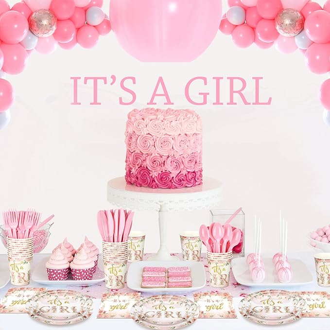 Dandat 350 Pcs Baby Shower Plates Set Baby Shower Party Supplies Serves 50 Tableware Sets Include Plates Napkin Cup Forks Knives Spoons Disposable Dinnerware(Floral,Pink)