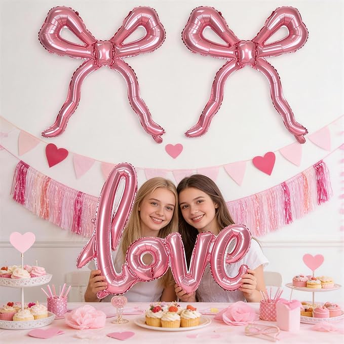 Pink Love Bow Balloons Set, 42 Inch Giant Foil Love Letter Balloon 22 Inch Bow Mylar Balloons for Girls Women Pink Coquette Birthday Bridal Shower Bachelorette Wedding Engagement Valentines Decoration