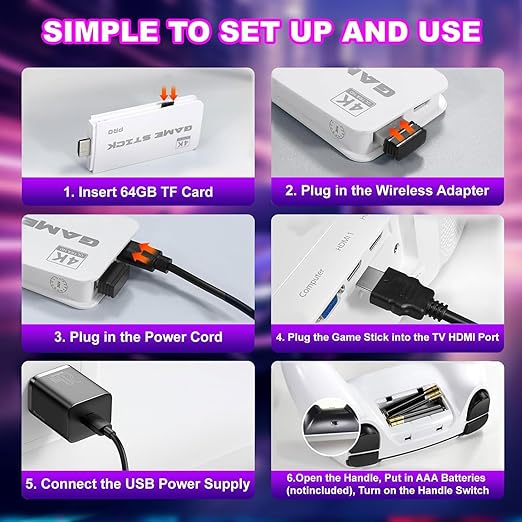 Retro Gaming Console, Game Stick,4K HDMI Output , 40,000+ Games and 23 Emulators, Dual 2.4G Wireless Controllers ,Plug and Retro Play Video Games for TV(64G)