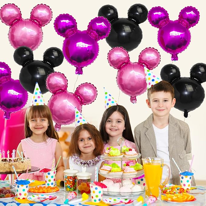 9Pcs Pink Mouse Party Foil Balloons, 27” Black, Rose Red, Pink Balloons, Cartoon Mouse Party, Baby Party, Girl Party, Kids Birthday Theme Party Decoration Supplies