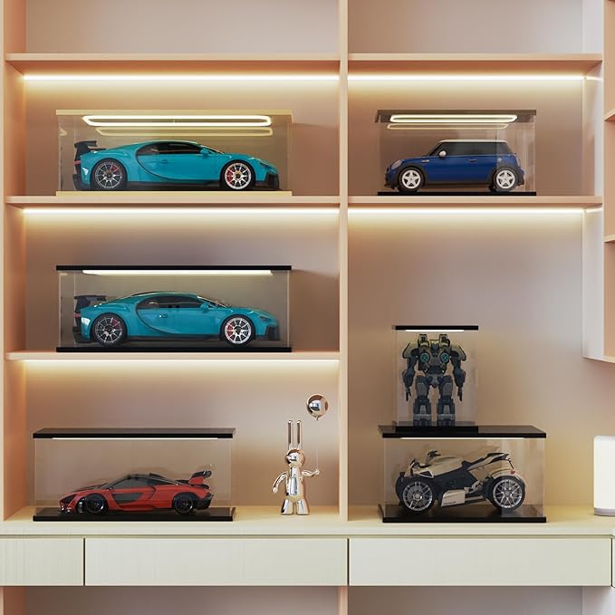 Nynelly Lighted Acrylic Display Case for Collectibles, Clear Display Box for Lego 42096 42143 42083, 1/8 Scale Model Car Display Case, Assemble Dustproof Countertop Showcase, 23.6x11.8x7.8in