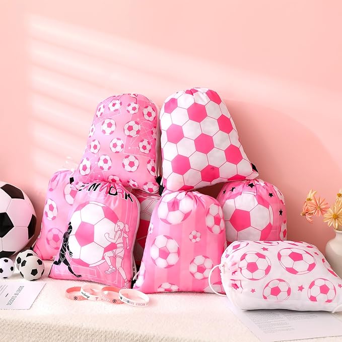 32 Pcs Pink Soccer Party Favors Set 16 Drawstring Goodie Bags 16 Silicone Wristband Snack Treat Candy Bags Motivational Bracelets Pink Sports Birthday Party Supplies Decorations for Women