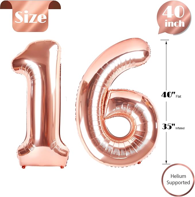 Rose Gold Number 16 Balloon 40 inch, 16 Number Balloons, 16th Birthday Decorations for Girls Boys, 16 Year Old Rose Gold Party Supplies