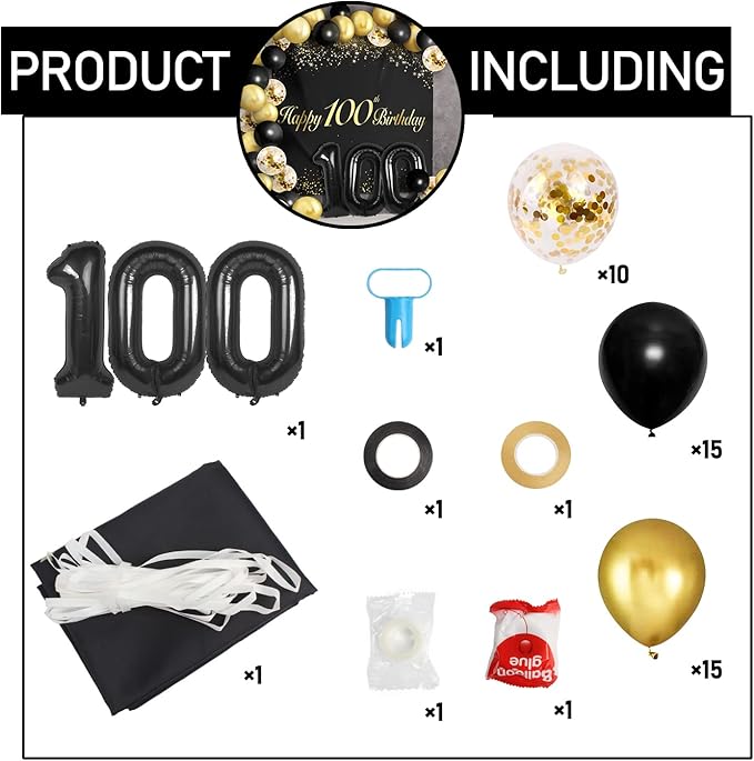 Happy 100th Birthday Balloons Black Set Decor - Cheers to 100 Years Old Party Theme Garland Banner Backdrop Decorations For Women and Men Supplies