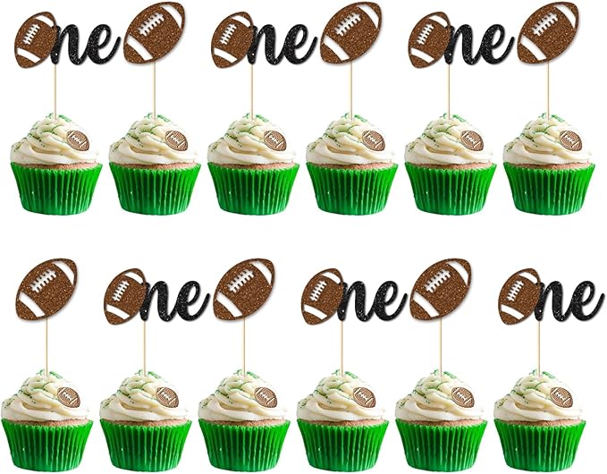 24PC Football 1st Birthday Cupcake Toppers for Baby Boy,Glitter Sports Football One Cupcake Toppers for First Down Birthday Party Decorations Supplies