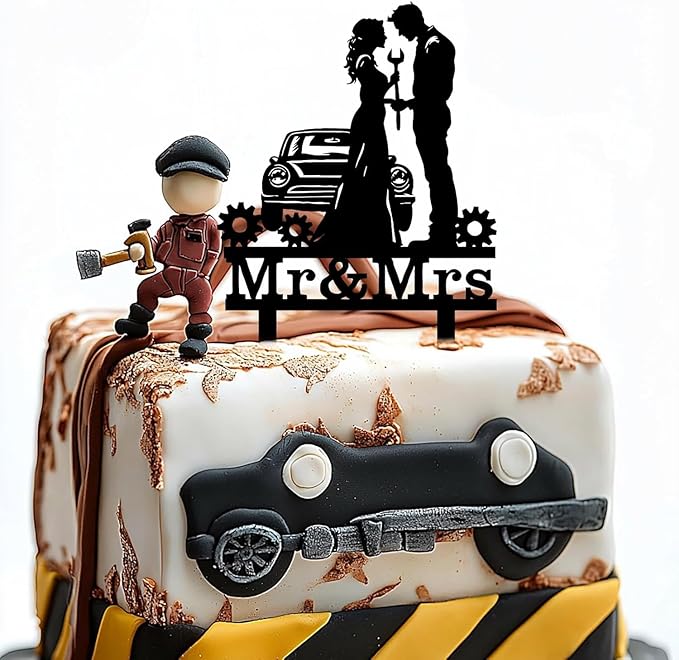 Repairman Wedding Cake Topper Funny Mr & Mrs Cake Decorations Repair Themed Cake Topper for Wedding Anniversary Bridal Shower Party Supplies