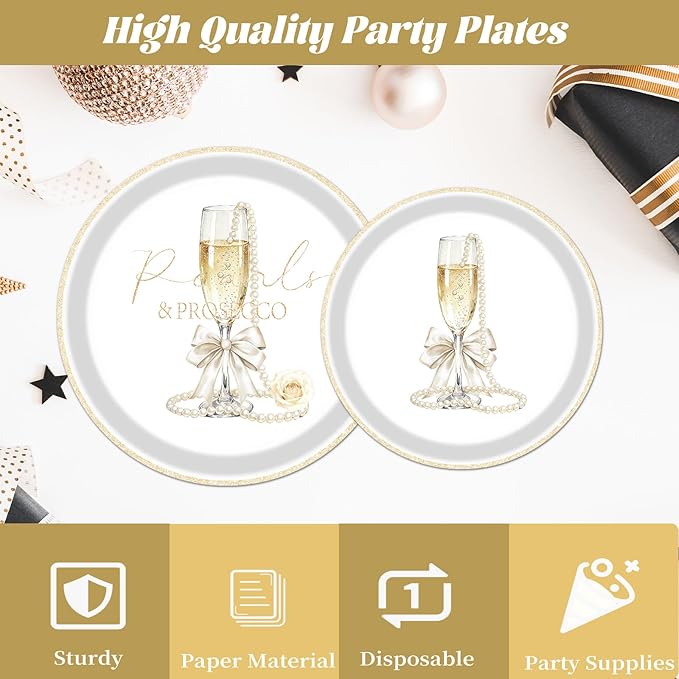 Rakuto Pearls and Prosecco Bridal Shower Decorations, 96PCS Pearls Bow Champagne Disposable Paper Plates Napkins Party Decorations, Bows Prosecco Wedding Bachelorette Bride to Be Decor, Serve 24