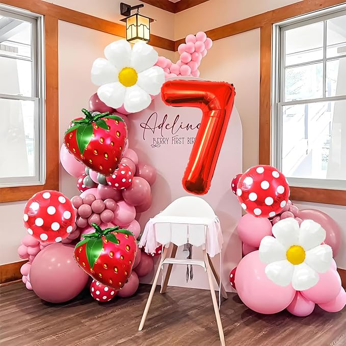 Strawberry Balloons Seventh Birthday Decorations for Girl, 40 Inch Mylar Red Number 7 Balloons, Strawberry Balloon for Strawberry Birthday Decorations, Strawberry Themed Party