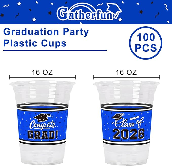 Gatherfun Graduation Decorations 2026-100 Pcs 16oz Blue Graduation Plastic Cups for Grad Party | Sturdy & Durable Drinkware for Grad Festivities | Essential Grad Party Supplies & Decorations