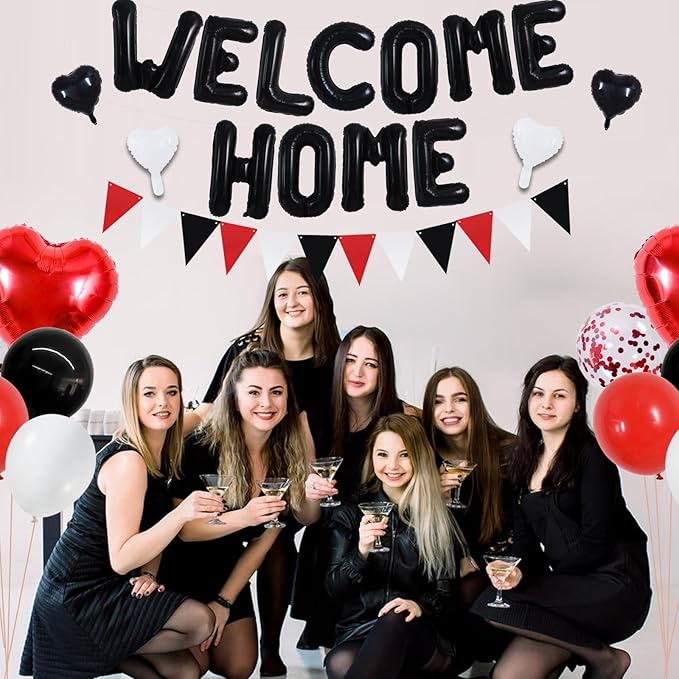 TONIFUL Welcome Home Decorations,16Inch Black Welcome Home Foil Balloon Banner Red Black Confetti Balloons Pennant Flag Bunting for Homecoming Party House Warming Party Family Gathering Supplies