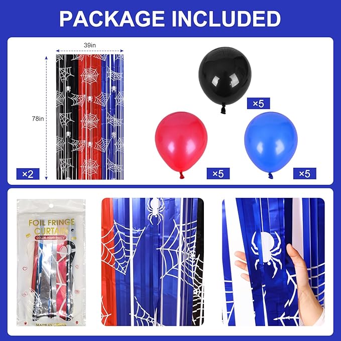 Spider Web Party Decor Kit with 15 Balloons - 2 Pack 3.3x6.6ft Gothic Tinsel Fringe Curtains Backdrop, Cobweb Photo Booth Props, Halloween Birthday Party Decorations in Red, Blue & Black