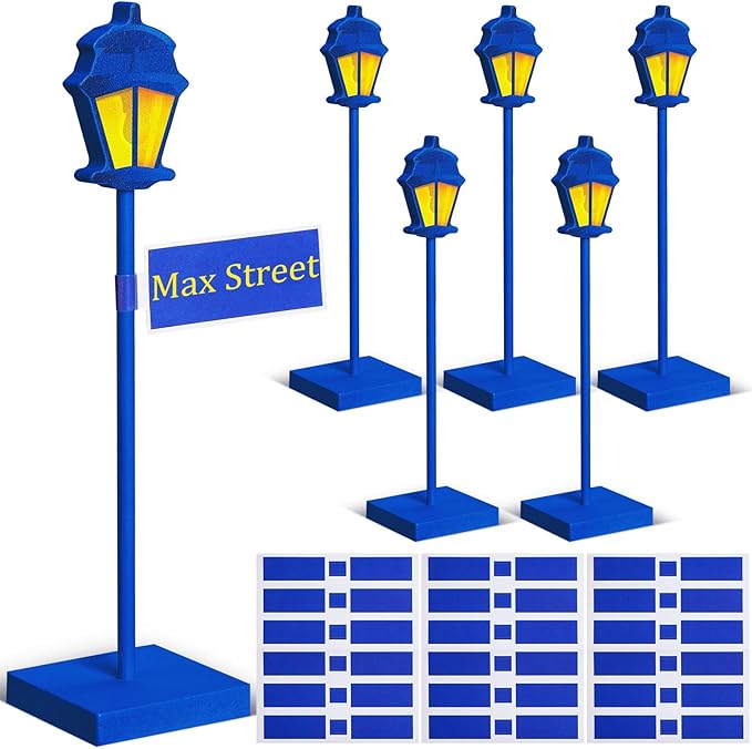 6 Pcs Street Sign Lamp Post Centerpiece Wooden Lamp Post with Street Party Sign Sticker for Toy Decor Friend Birthday Party Supplies Decoration(Blue)
