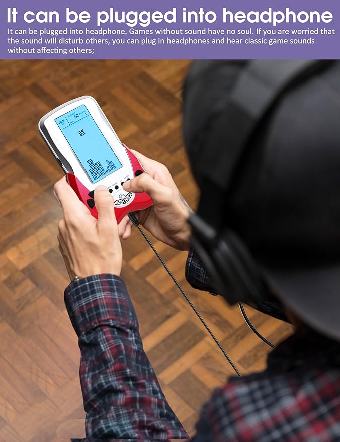 New Retro Block Brick Game Console Large Screen Blue Backlight Brightness can be Adjusted Build in 23 Game Compatible with Lithium Battery/AAA Batteries can Plug in Headphone (Red)
