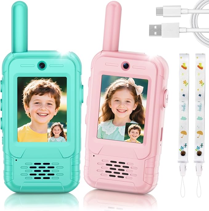 Video Walkie Talkies for Kids, 2 Pack Rechargeable Kids Walkie Talkies Long Range with Flashlight Outdoor Christmas Birthday Toddler Toys Gifts for 3-12 Year Old Boys Girls for Outside, Camping Travel