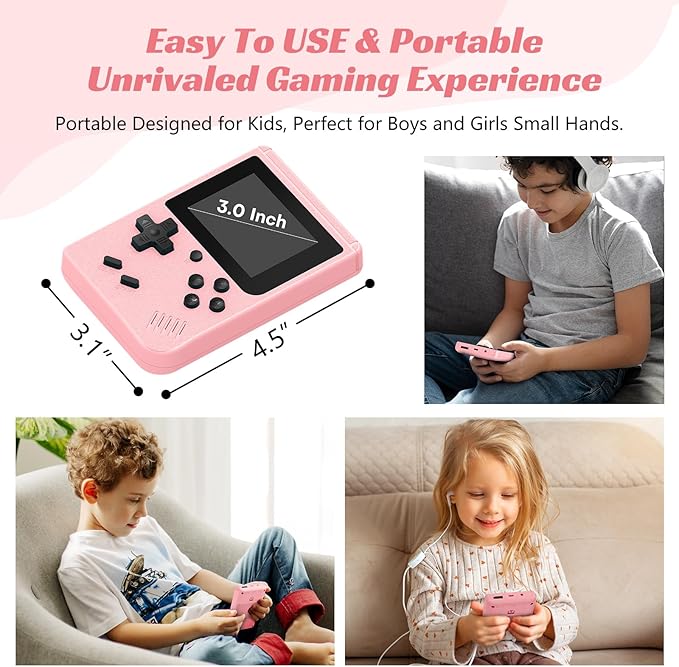 Mini Retro Handheld Games Console, Built-in 400 Video Games, Portable Video Gaming Player with 3.0 Inch IPS Screen and Rechargeable Battery(Pink)