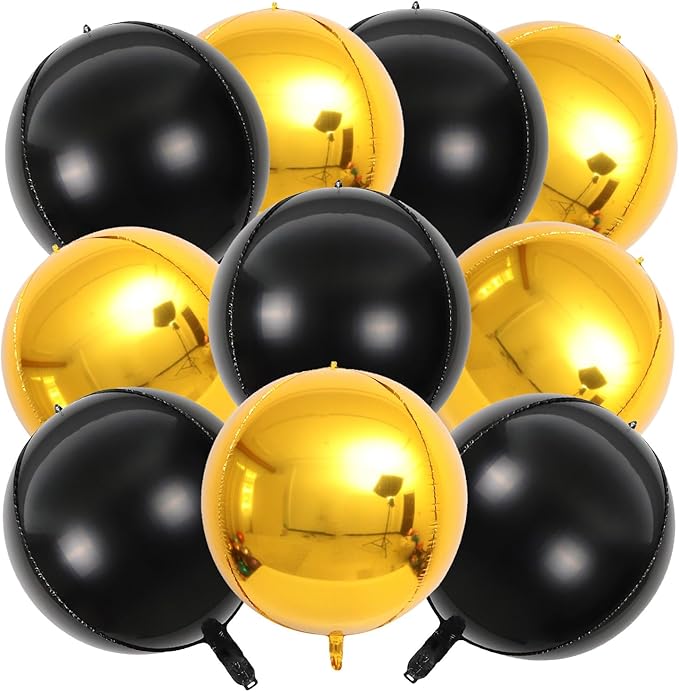 KALOR 22 Inch Black and Gold Foil Balloons, 10 Pcs Large 4D Giant Round Metallic Foil Balloon for Birthday Party Baby Shower Graduation Party Decorations