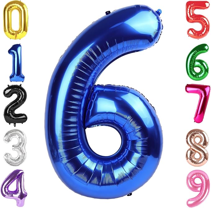 40 Inch Metallic Blue Number 6 Balloon, Giant 6 Number Balloons for 6th Birthday Decorations, Party Supplies for Baby Boy Girl, Metallic Blue Party Decor