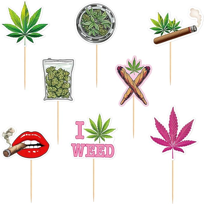 Ercadio 32 PCS Dope Happy Birthday Have a Dope Birthday Cupcake Toppers Pot Leaf Weed Leaves Cupcake Picks Green Marijuana Dope 420 Themed Party Supplies