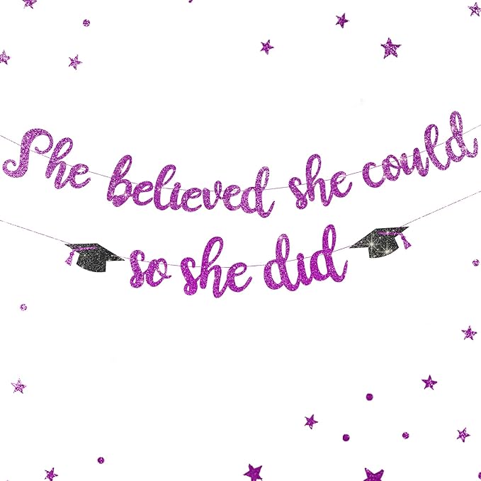 She Believed She Could So She Did Banner - Pre-Strung Glitter Graduation Decorations 2026 for Women Girls, Inspirational Grad Party Supplies, Class of 2026 College High School Masters PhD Decor (Purple)