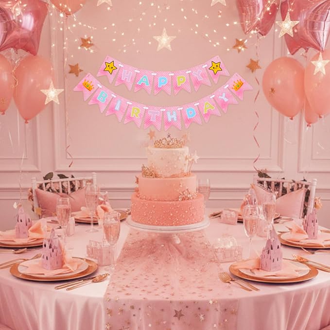 Ctosree Pink Princess Party Supplies 8.2ft Happy Birthday Banner Signs Pink Crown and Star Flag Hanging Bunting Banner Flag for Valentine's Galentine's Photo Props Birthday Party Decoration