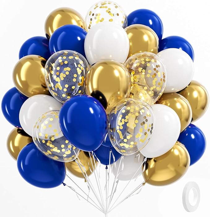 Royal Blue Gold White balloons, 60pcs 12 Inch Navy Blue Metallic Gold Confetti Balloon for Wedding Graduation Baby Shower Birthday Decorations