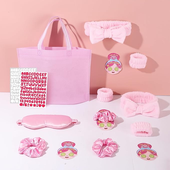 72 Pcs Spa Sleepover Party Supplies for Girls With DIY Stickers And Greeting Card Pink Headband Wristbands Eye Mask Hair Scrunchie Tote Bag Sleeping Slumber Party Favors
