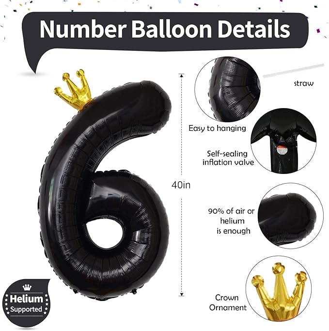 Large Number 6 Balloons, Black 40 Inch Foil Number Balloon for Boys, Crown Self Inflating 0-9 Set Balloons for Girls 6th Birthday Party Decoration Anniversary Party Decorations kids Boys Supplies