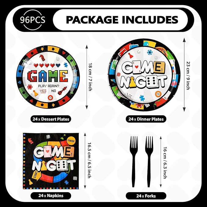 Grencian 98Pcs Family Game Night Party Decorations Game Night Plates Napkins Tablecloths Disposable Gaming Paper Tableware Set for Birthday Kids Adults Family Gaming Party Supplies, Serves 24