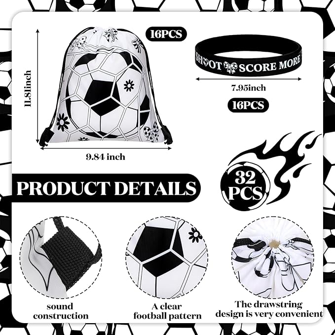 32 Pcs Coquette Bow Soccer Party Favors Set 16 Drawstring Goodie Bags 16 Silicone Wristband Snack Treat Candy Bags Motivational Bracelets Sports Birthday Party Supplies for Men Women