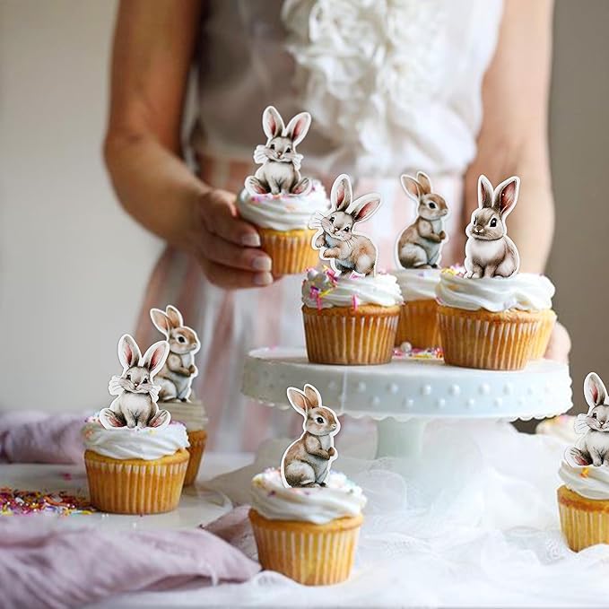 Ercadio 40 Pack Edible Cute Rabbit Cupcake Toppers Funny Bunny Cupcake Picks Realistic Rabbit Cupcake Toppers for Easter Day Theme Baby Shower Birthday Party Decor Supplies