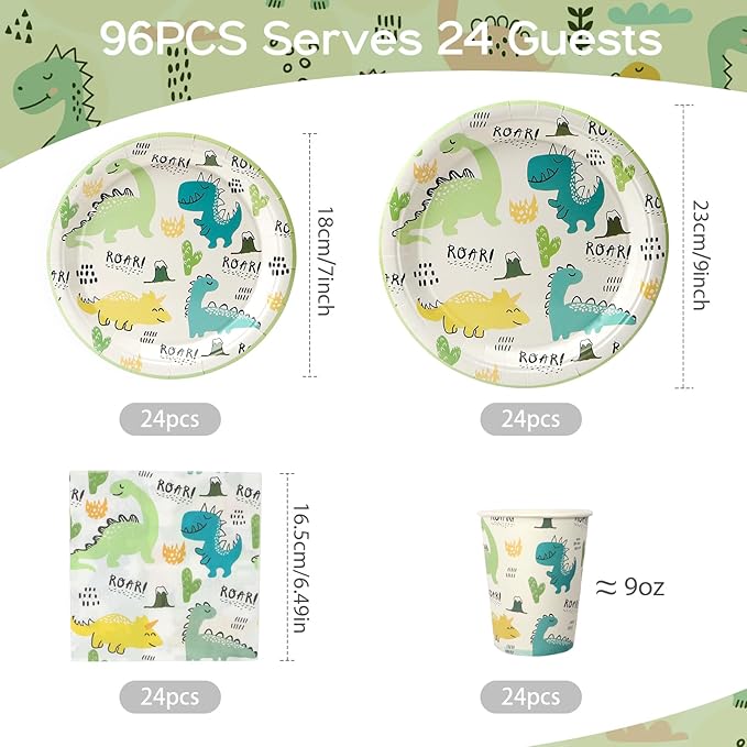 96Pcs Dinosaur Party Plates Green Dino Paper Plates and Napkins, Cups Disposable Tableware Set for 24 Guests Kids Birthday Party Picnic Baby Shower Tea Party Supplies Decorations