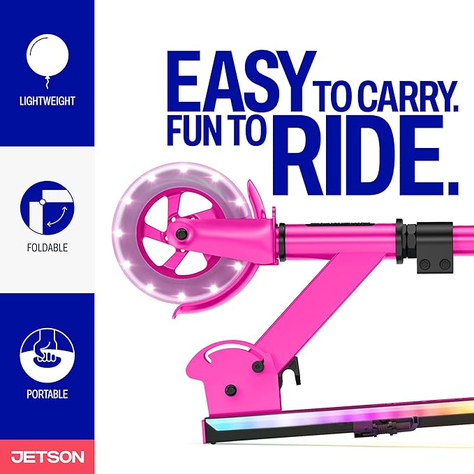 Jetson Jupiter Kids 2-Wheel Light-Up Kick Scooter, LED Lights on Handlebar, Stem, Wheels & Deck, Adjustable Handlebar, Rear Brake, Easy-Folding Mechanism, Ages 5+