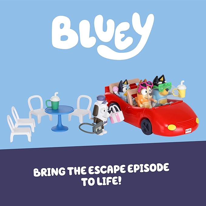 Bluey Escape Convertible Vehicle Figurines Pack of 4, Robust Toddler Toy Car with 9 Accessories and Stickers, Immersive Car Toys for Kids Ages 3+