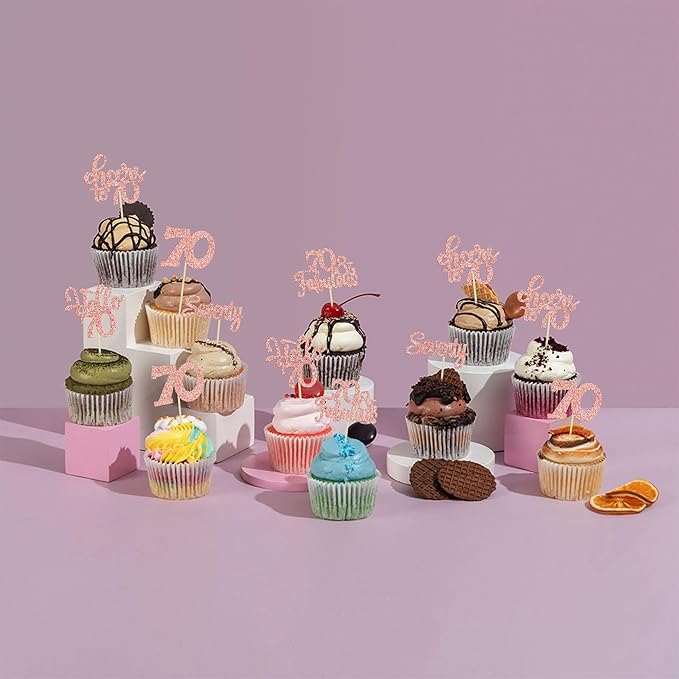 30Pcs Happy 70th Birthday Cupcake Toppers Seventy Cheers to 70 Years Old Birthday Cupcake Picks for 70th Anniversary Party Cake Decorations Supplies Rose Gold Glitter