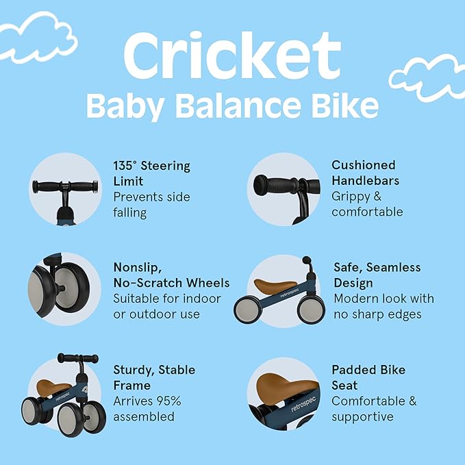 Retrospec Cricket Baby Balance Bike, 4-Wheel Ride-On Toy for Ages 12-24 Months – First Bike & Toddler Bike for 1 Year Old Boys & Girls, First Birthday Gift