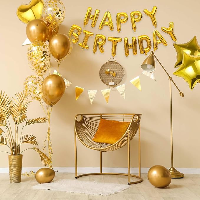 27 Pcs Gold Birthday Decorations, 3D Foil Gold Happy Birthday Balloon Banner, Pentagram Heart Foil Balloons Confetti Balloons Kit For Boys Girls Birthday Party Supplies