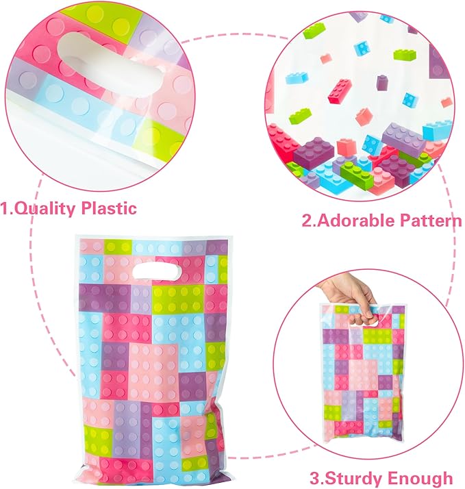 3sscha 50Pcs Pink Block Party Favor Bag Building Block Plastic Waterproof Goodie Bag with Die Cut Handles Rectangular Candy Gift Bags for Kids Birthday Baby Shower Decoration Party Favor Supplies