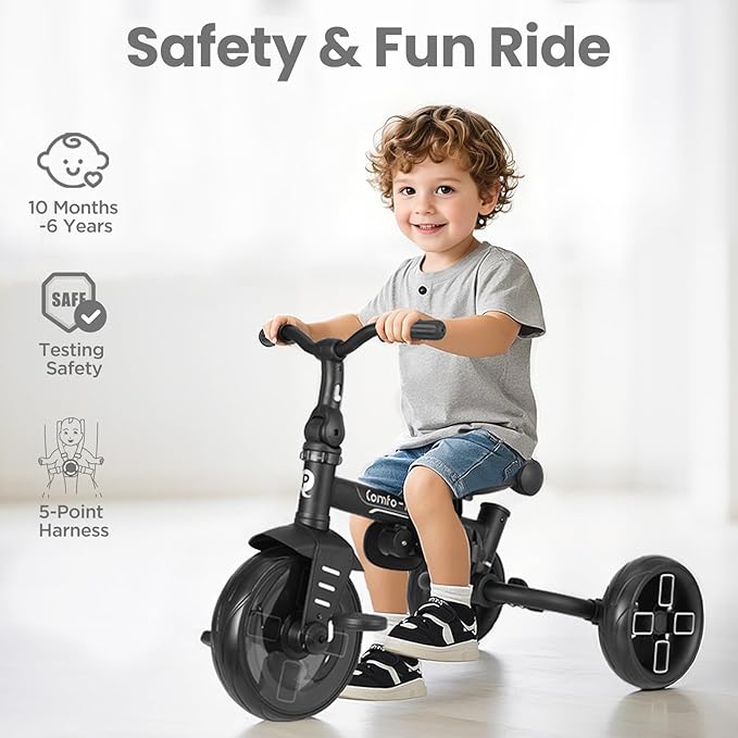 QPlay Toddler Bike Stroller for Baby 10 Months to 6 Years Old, 8-in-1 Foldable Stroller Bike for Toddlers 3-5 Boys & Girls Gifts Trike — Adjustable Handle, Triple Footrest, Canopy & Storage Bag
