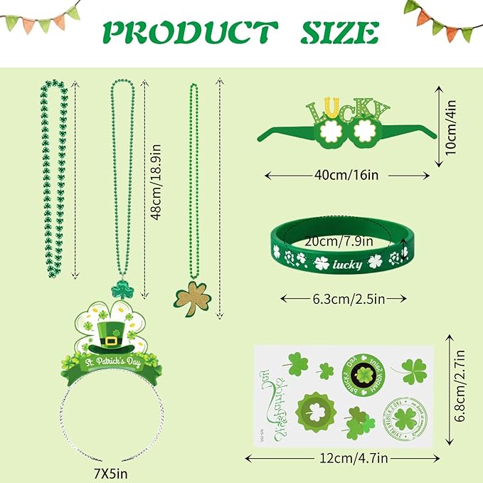 Ansoufien 48 PCS St. Patrick's Day Accessories & Irish Party Supplies - 6 Headbands, 12 Glasses, 6 Necklaces, 12 Wristbands, 12 Sheets (33 Patterns) Tattoos - Shamrock Dress Up